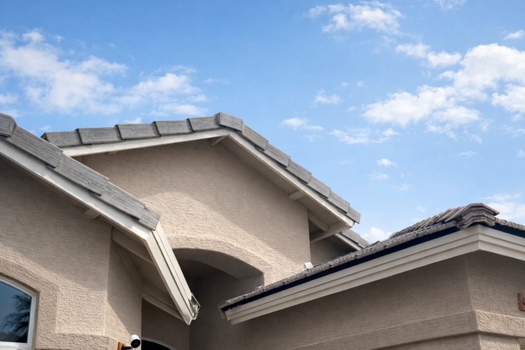 Detailed view of residential roof tiles and stucco walls under a blue sky, ideal for Arizona home services.