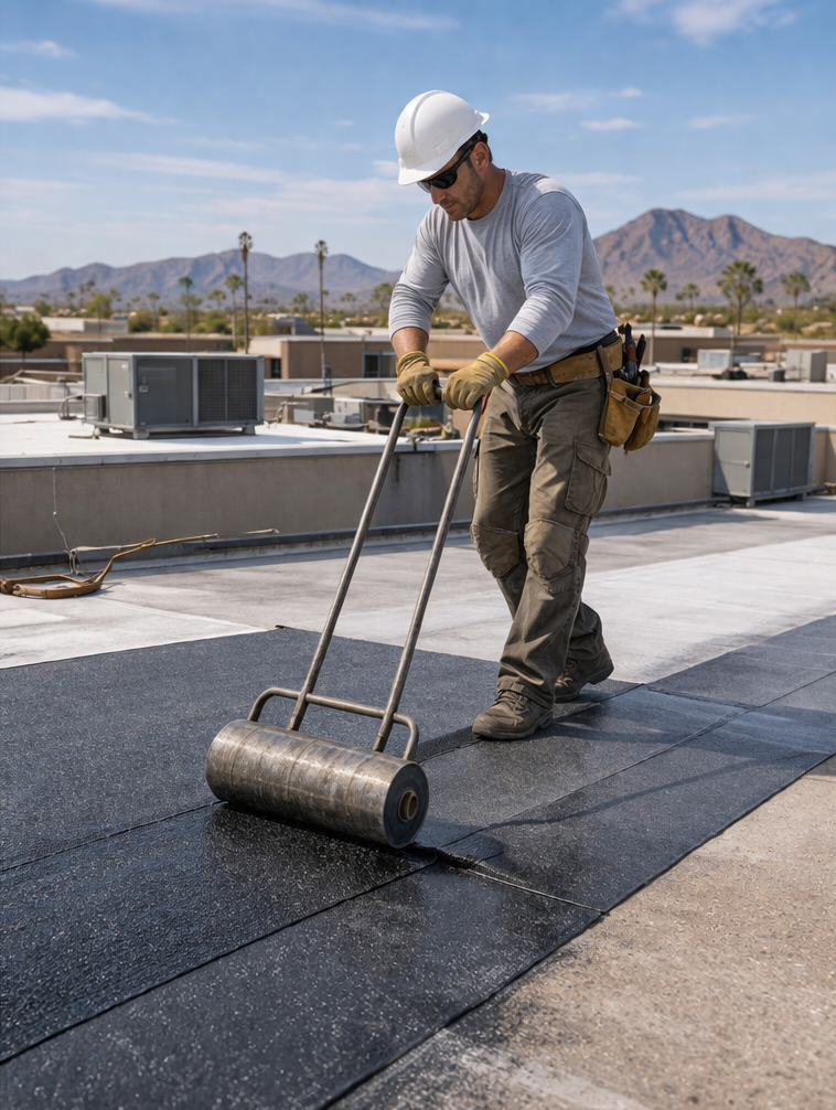 Roofer in Phoenix, Arizona, rolling out a black flat roof membrane material with mountains and palm trees in background.