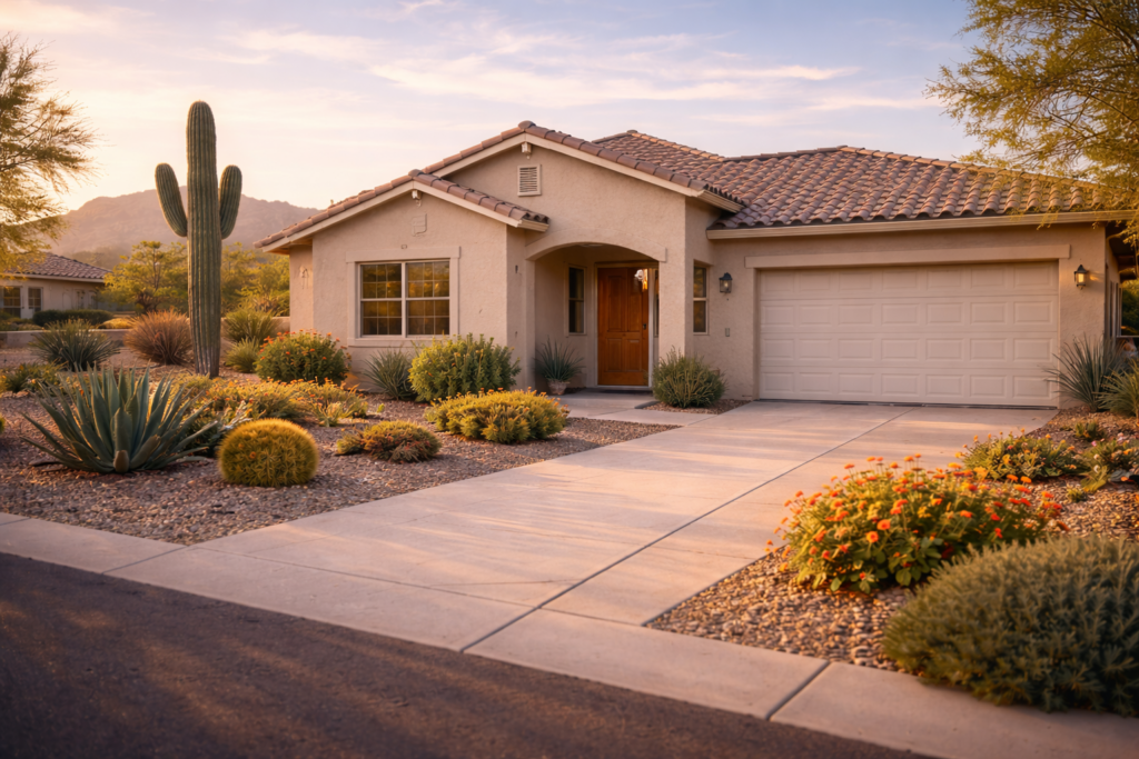 Desert landscaped home in Glendale, Arizona, with a saguaro cactus, agave, and various shrubs, driveway, and garage.
