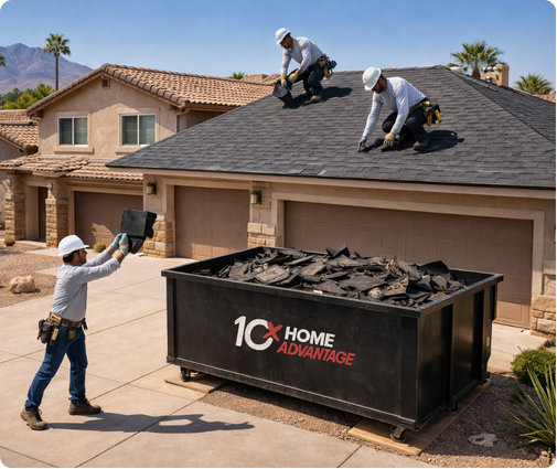 Roofers replacing shingles on a home in Phoenix, AZ. One diverts debris into a large 10X HOME ADVANTAGE dumpster.